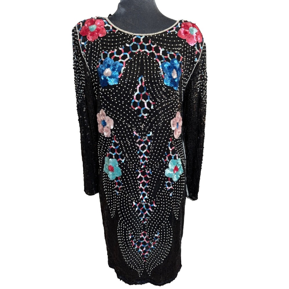Vtg‎ Rupi Dress M Black Silk Floral Beaded Sequins Whimsigoth Formal Elegant
